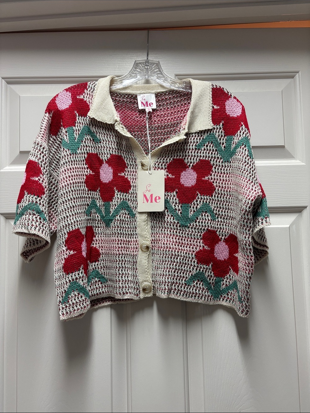 So Me Cropped Floral Knit thin sweater Cardigan in Red, Pink, Green, Cream